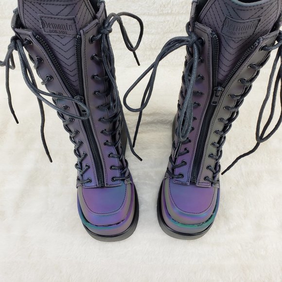 Void Purple Green Reflective Platform Wedge Mid Calf Goth Festival Boots NEW - Picture 7 of 17